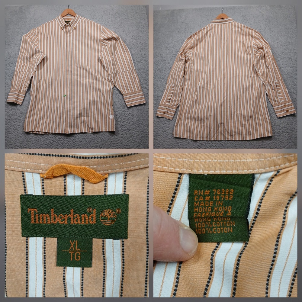 Timberland Shirt Mens XL Tan White Stripe Long Sleeve 100% Cotton Made Hong Kong